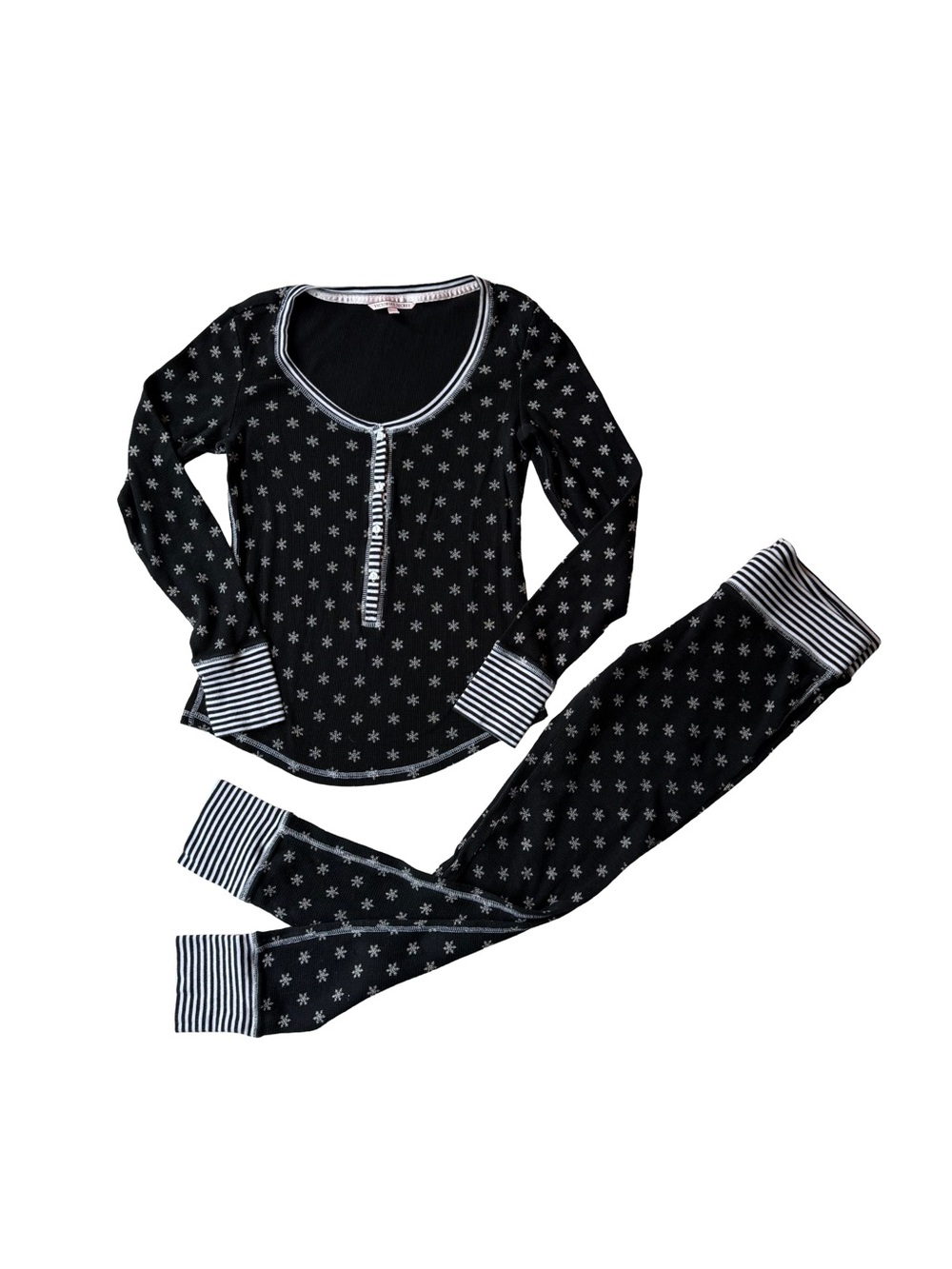 Victoria's Secret Thermal Pajama Set XS Black Snowflake Knit Lounge Christmas